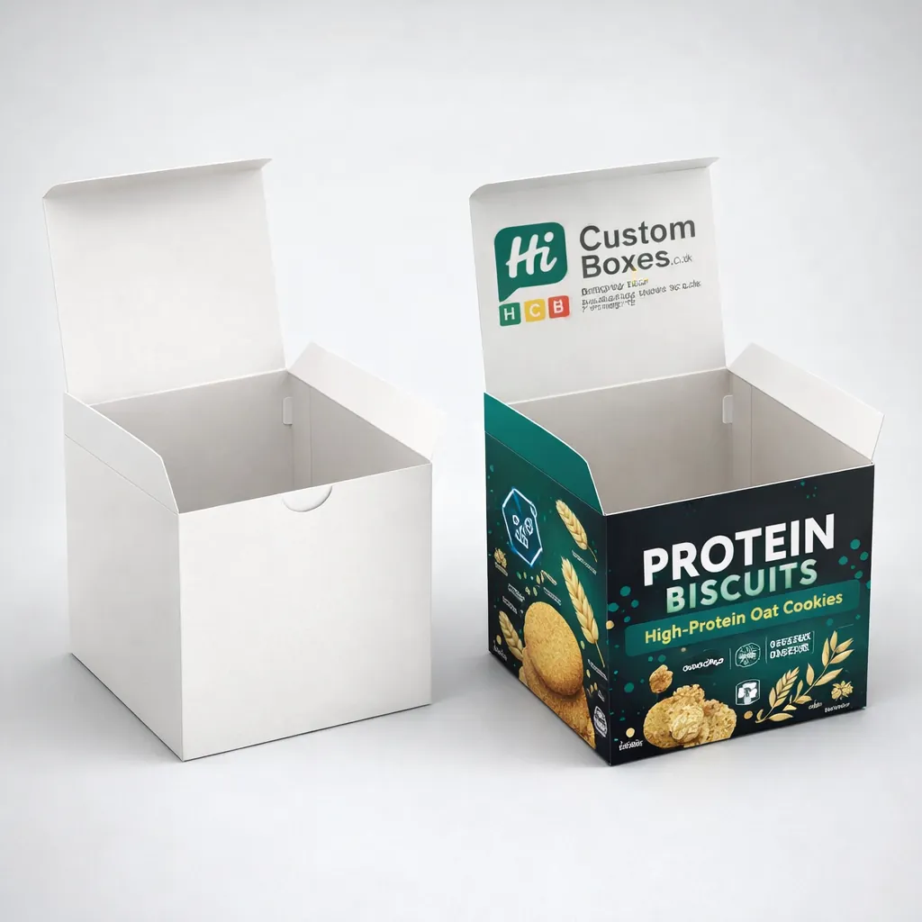 Two square cardboard boxes with open lids, one plain white and one showing dark teal branding. class=